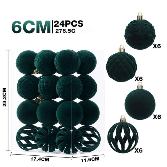 24 Pack Deep Forest Green 3-Style Flocked Velvet Embossed Hollow Cutout Christmas Tree Ornaments, 2.36 Inch Shatterproof Farmhouse Xmas Baubles Adult Winter Holiday Decor Gift