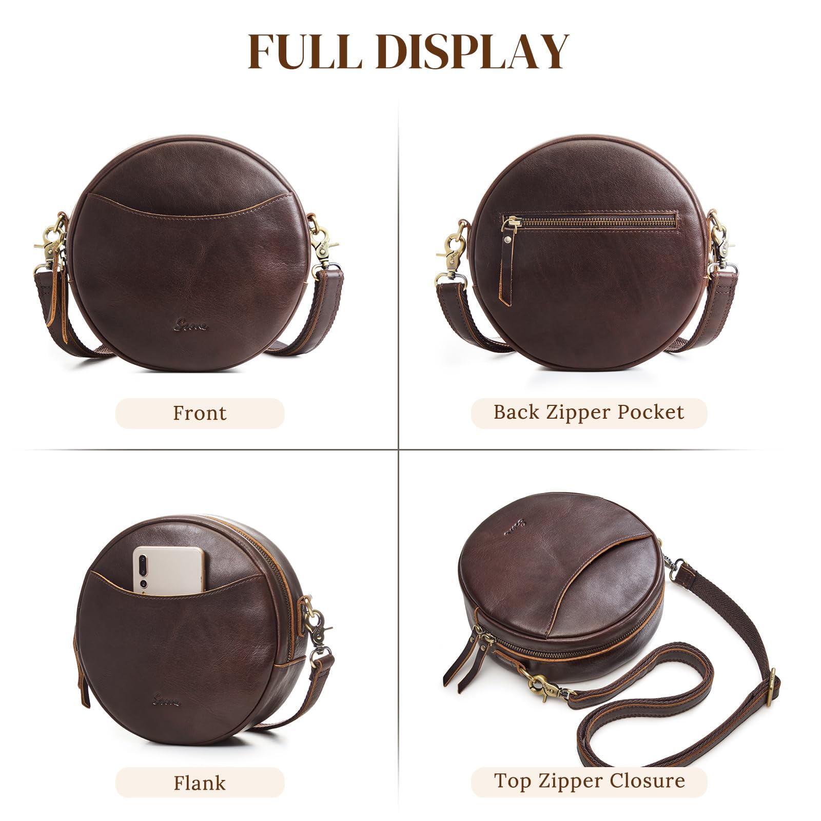 S-ZONE Leather Crossbody Bags for Women Trendy Circle Cross Body Shoulder Bag Designer Round Purses