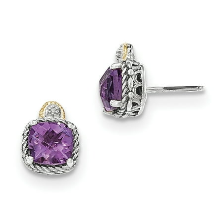 Sterling Silver w/14k Gold Amethyst & Diamond Post Earrings (0.4IN Long)