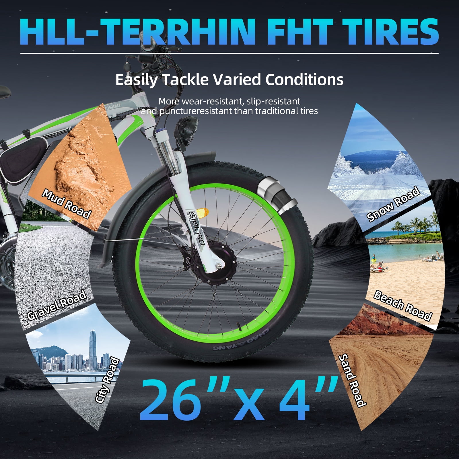 Electric Bike for Adults, 26x4.0 Fat Tire E-Mountain Bicycle, Peak 5000W Motor 52V-30Ah, Mountain Bike Beach Snow Ebike for Men, Green&White