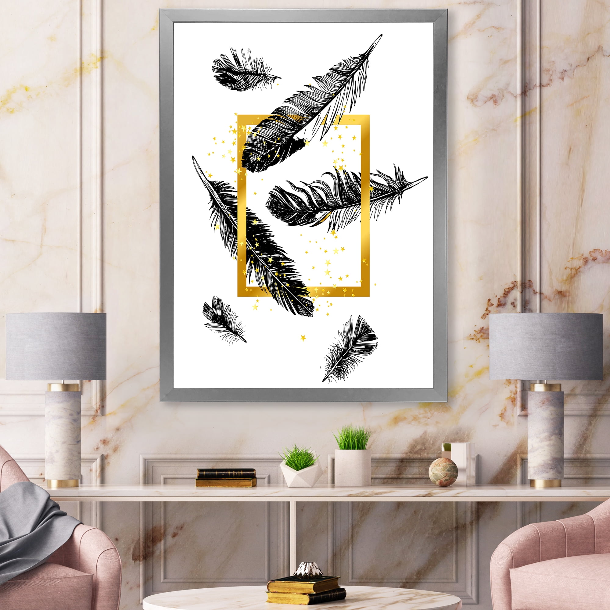 Designart 'Feathers and Golden Frame' Bohemian & Eclectic Framed Art Print
