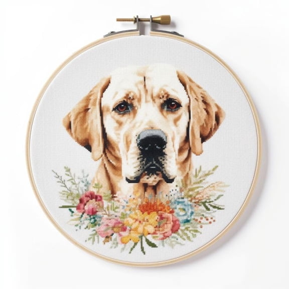 Counted Easy Cross Stitch Kits Labrador Color Stamped Embroidery for Starter Kits DIY 11CT Stamped Patterns Embroidery Needlework Kit Supplies 12 Inch Hoop Included(56-X)
