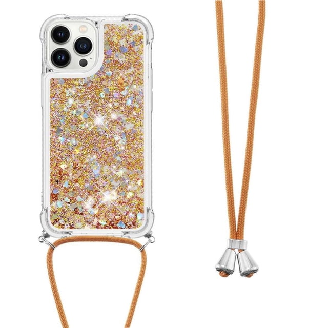 Funda FOXDOCK para iPhone 14 Pro con Cuerda Ajustable, Brillo Líquido, Protección Antigolpes y Lente – Ideal para Regalo