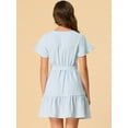 thumbnail image 4 of Unique Bargains Femmes Été Mignon Robe V-Cou Manches Courtes Cravate Taille Étagée Mini Robes Bleu Clair S, 4 of 5