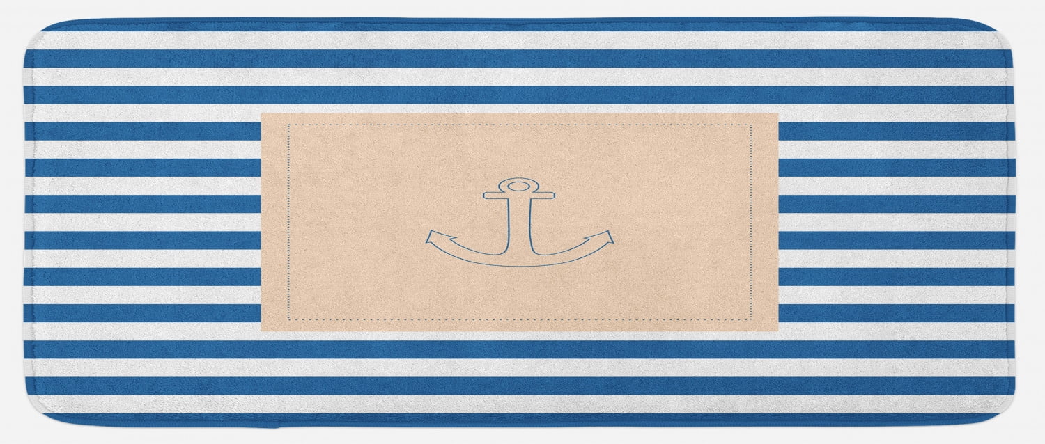 Harbour Stripe Kitchen Mat, Maritime Anchor over Pastel Nautical Lines