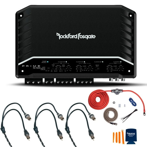 Rockford Fosgate R2-750X5 Prime 5-Channel Amplifier with a RFK4 4GA Wiring Kit and 3 Pairs of RFIT-20 20' Dual Twisted RCA's