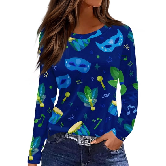 Mardi Gras Shirts for Women Carnival Sparkly Long Sleeve T Shirts Glitter Crew Neck Holiday Tunic Tops Dark Blue L