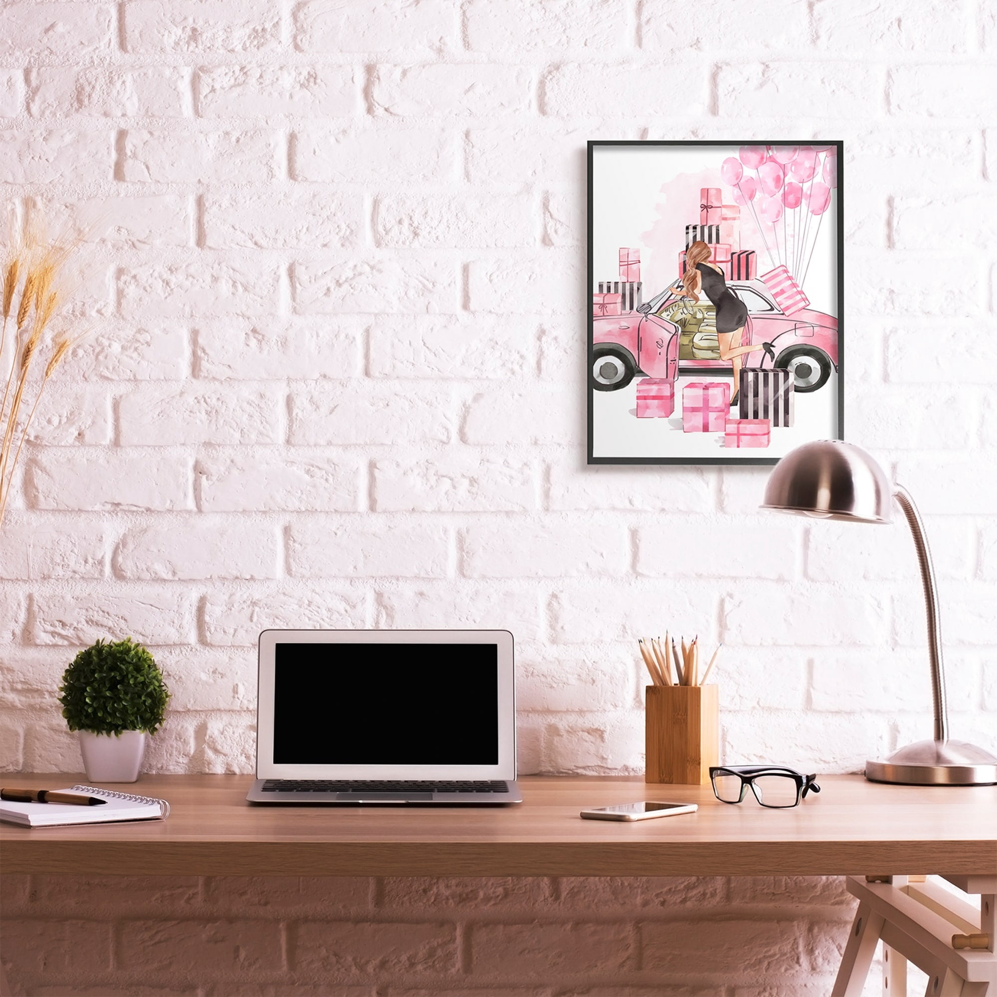 Stupell Industries Pink Fashionista Glam Car Stylish Gift Boxes Beauty & Fashion Painting Black Framed Art Print Wall Art, 24 x 30