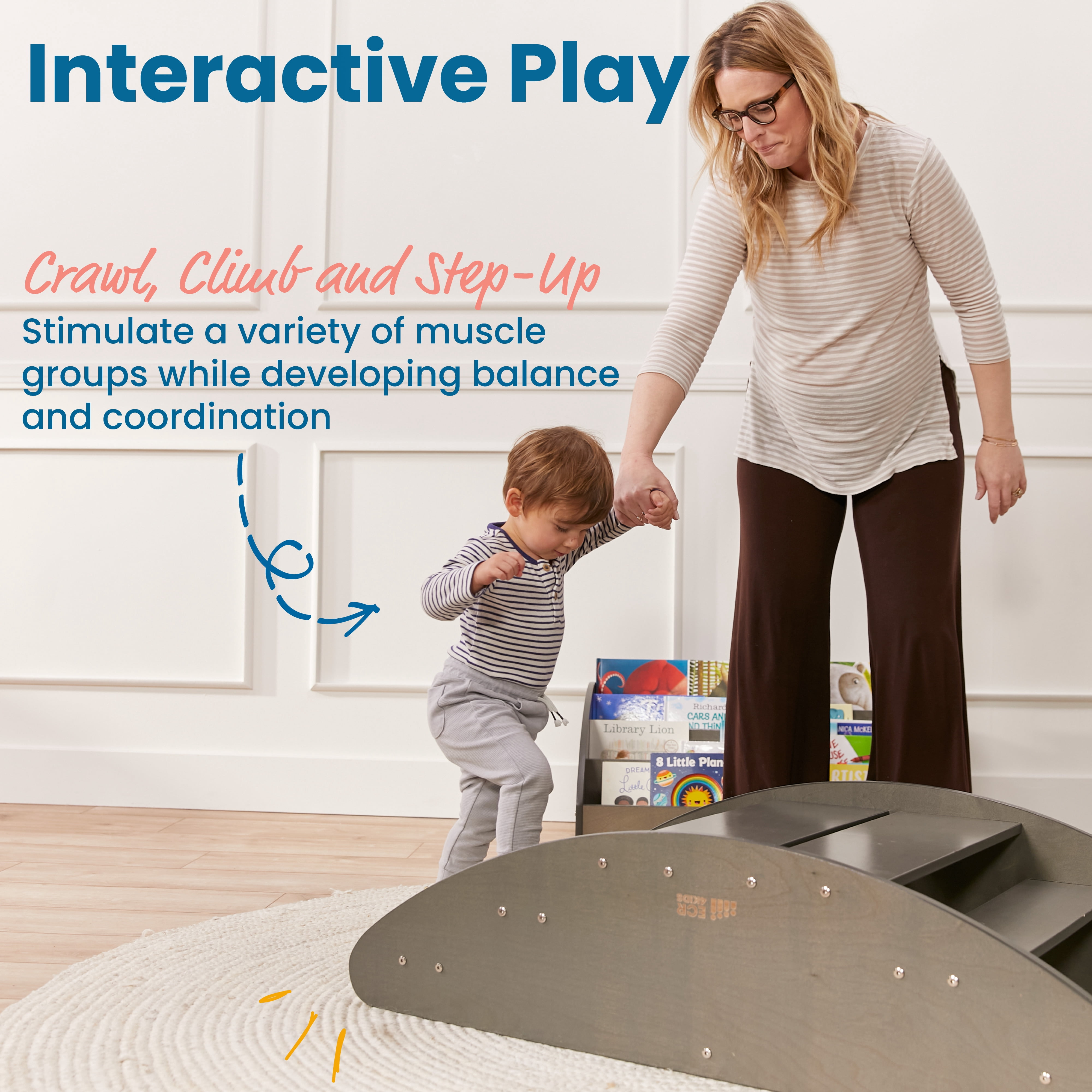 ECR4Kids Wooden Rocking Boat and Steps Play Center, Montessori Furniture, Grey Wash