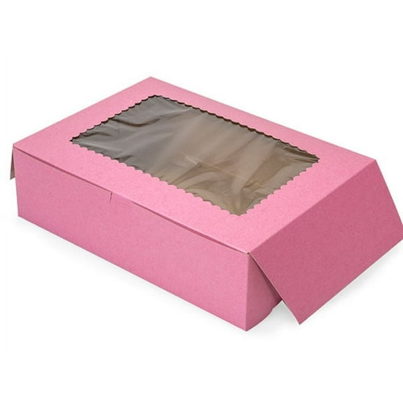 Pack Of 100, 14 X 10 X 4" Solid Pink Window Bakery Boxes 1-Piece Lock Corner Box For Cakes, Pies, Cupcakes Made In USA