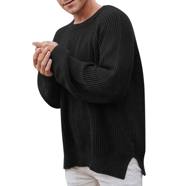 Gibobby Suéter cuello redondo hombre Suéter con Estampado para Hombre, Manga Larga, de Punto, Casual, de Gran tamaño(Negro,Grande)
