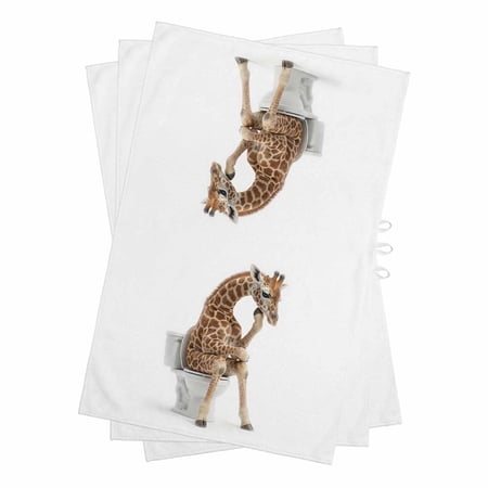 Funny Giraffes Kitchen Towels Set of 3 Water Absorbent Dish Towel Cute Art Fun Lovely Animals on Toilets Decorative Hand Towels - Quick Drying Cloth for Cooking Baking 18x28 Inch