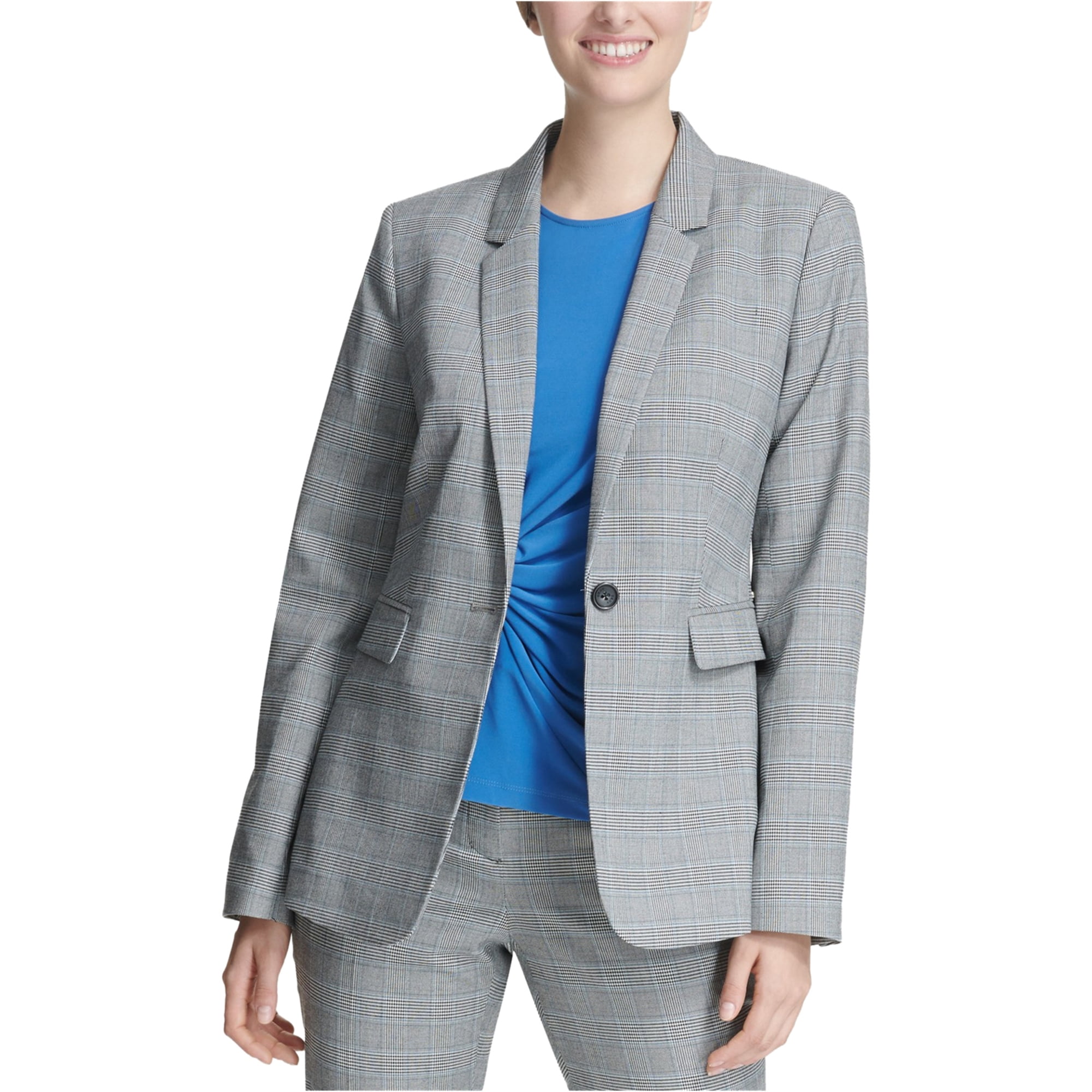 DKNY Womens Gray Plaid Formal Office Wear One-Button Blazer Jacket 2 BHFO 4729 