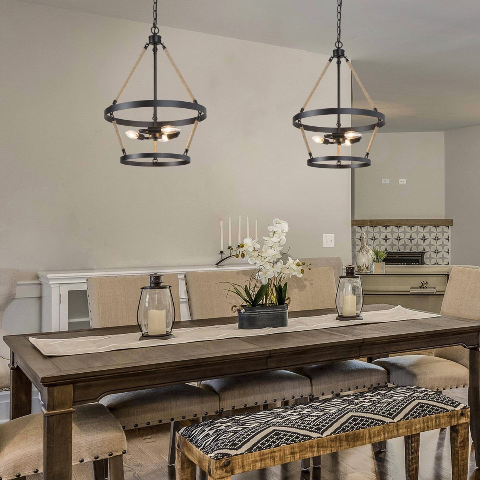 LNC Claunifer 3-Light Matte Black Farmhouse Pendant with Rope Accents