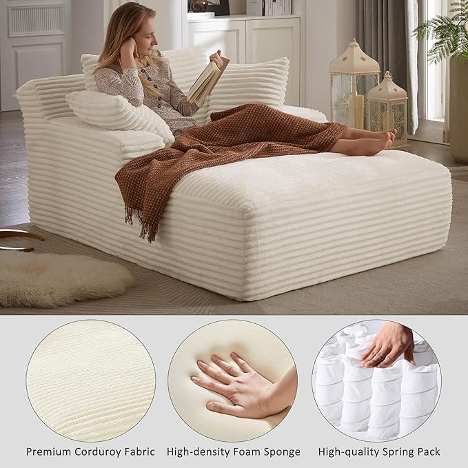 GNIXUU 50" Oversized Chaise Lounge Sofa Chair Indoor, Modern Corduroy Sleeper Sofa Cloud Couch with 3 Soft Pillows, Comfy Single Seat Floor Sofa for Living Room, Apartment, Office (White)