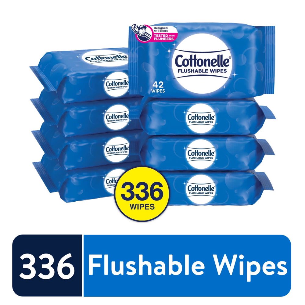 Cottonelle Flushable Wet Wipes, 8 Resealable Packs of 42 Wipes, 336