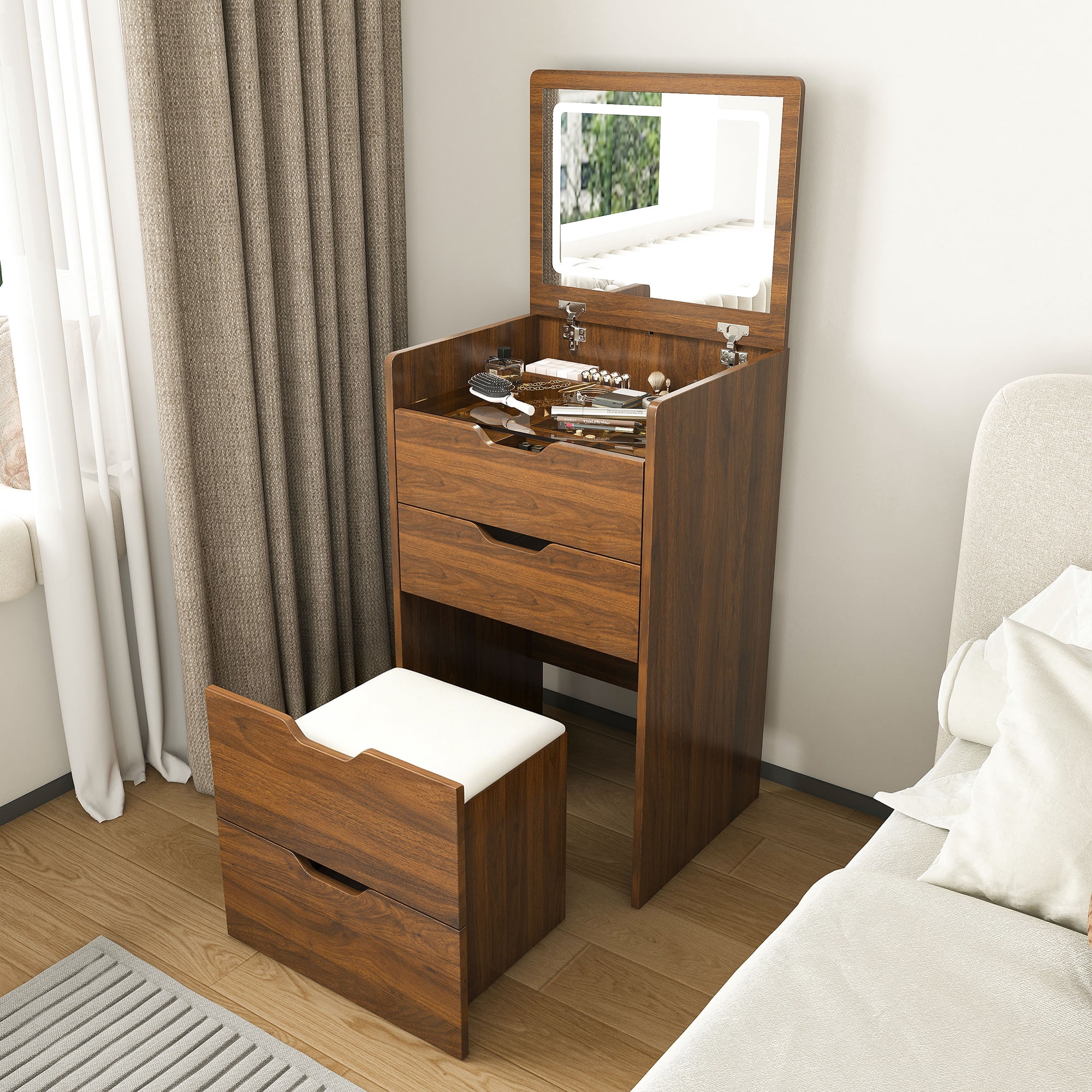 3‑in‑1 Flip‑Top Vanity Desk with Lighted Mirror & Stool, Dimmable LED Makeup Dressing Table, Compact Storage Organizer for Bedroom Bathroom Dressing Room, 18.9"L, Walnut