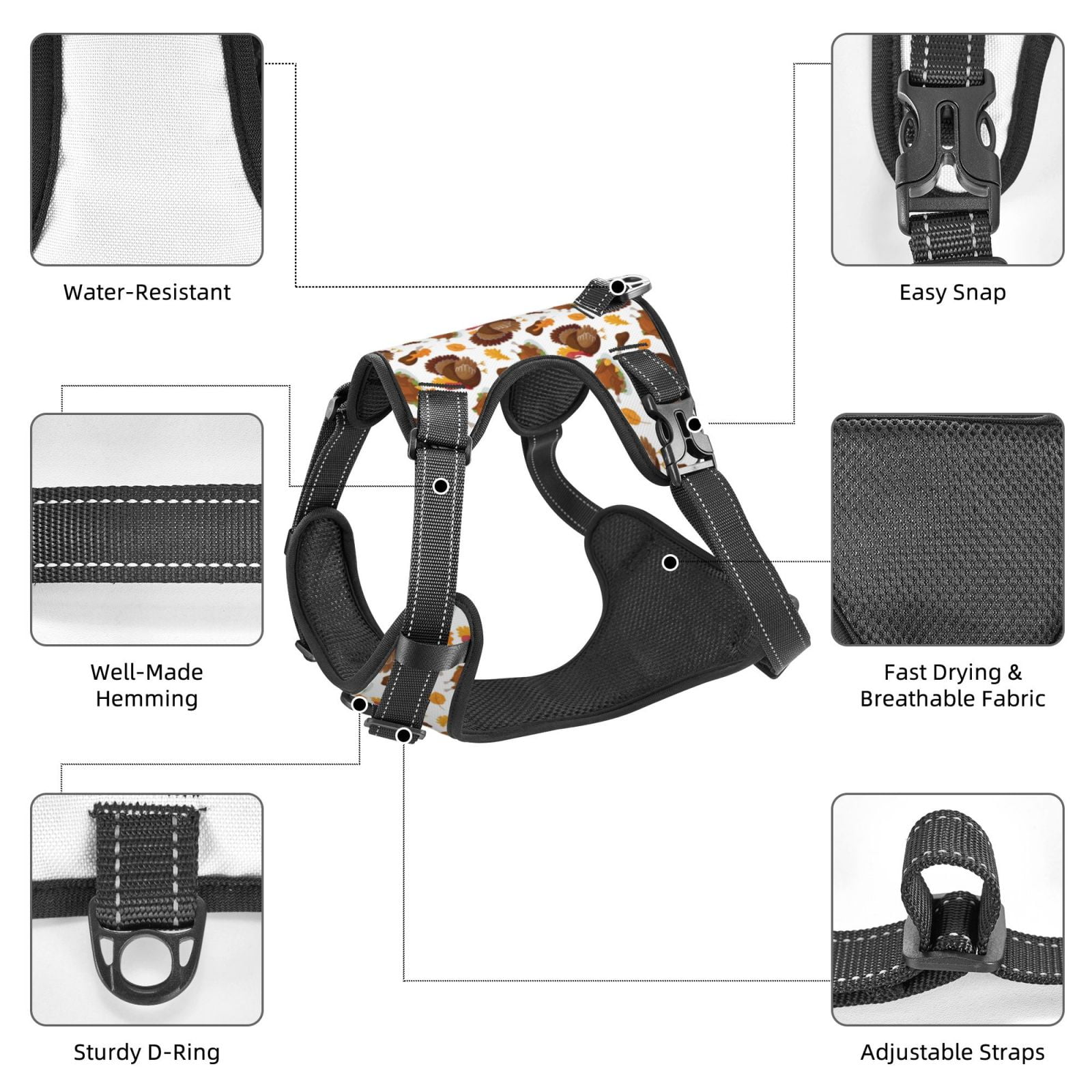 Fuzoiu Turkey And Thanksgiving3 Print Reflective Dog Harness,Adjustable, Breathable Pet Vest,Dog Harness No Pull,No Choke Pet Vest for Small, Medium, and Large Dogs-Medium