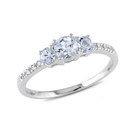 - Aquamarine Three Stone Ring 1/2 Carat (ctw) with Diamonds in 10K White Gold