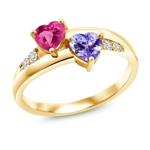 Gem Stone King 1.18 Ct Pink Created Sapphire Blue Tanzanite 18K Yellow Gold Plated Silver Lab Grown Diamond Ring (Size 9)