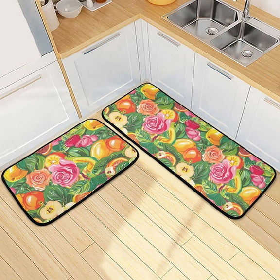 Dailycode 2 Pcs Kitchen Rug Set Non Slip Absorbent Soft Floor Mats for Kitchen Bathroom Tropical Fruit and Rose 19.7"x27.6" 19.7"x47.2"