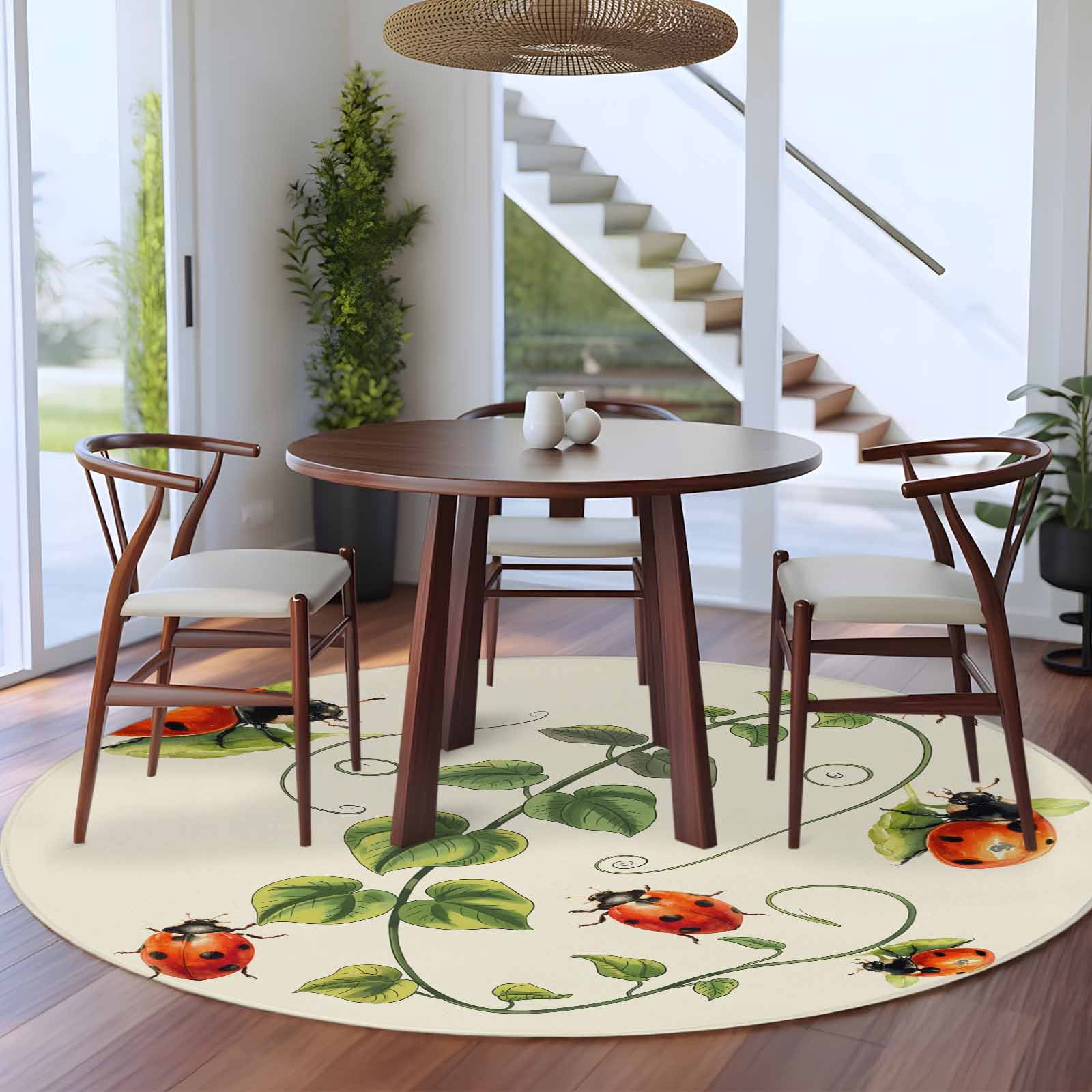 Ladybugs Eucalyptus Round Area Rug 5Ft Washable Circle Rugs for Living Room Bedroom, Spring Botanical Leaves Green Non-Slip Carpet Floor Mats Indoor Outdoor Carpet Runner Aesthetic Home Decor