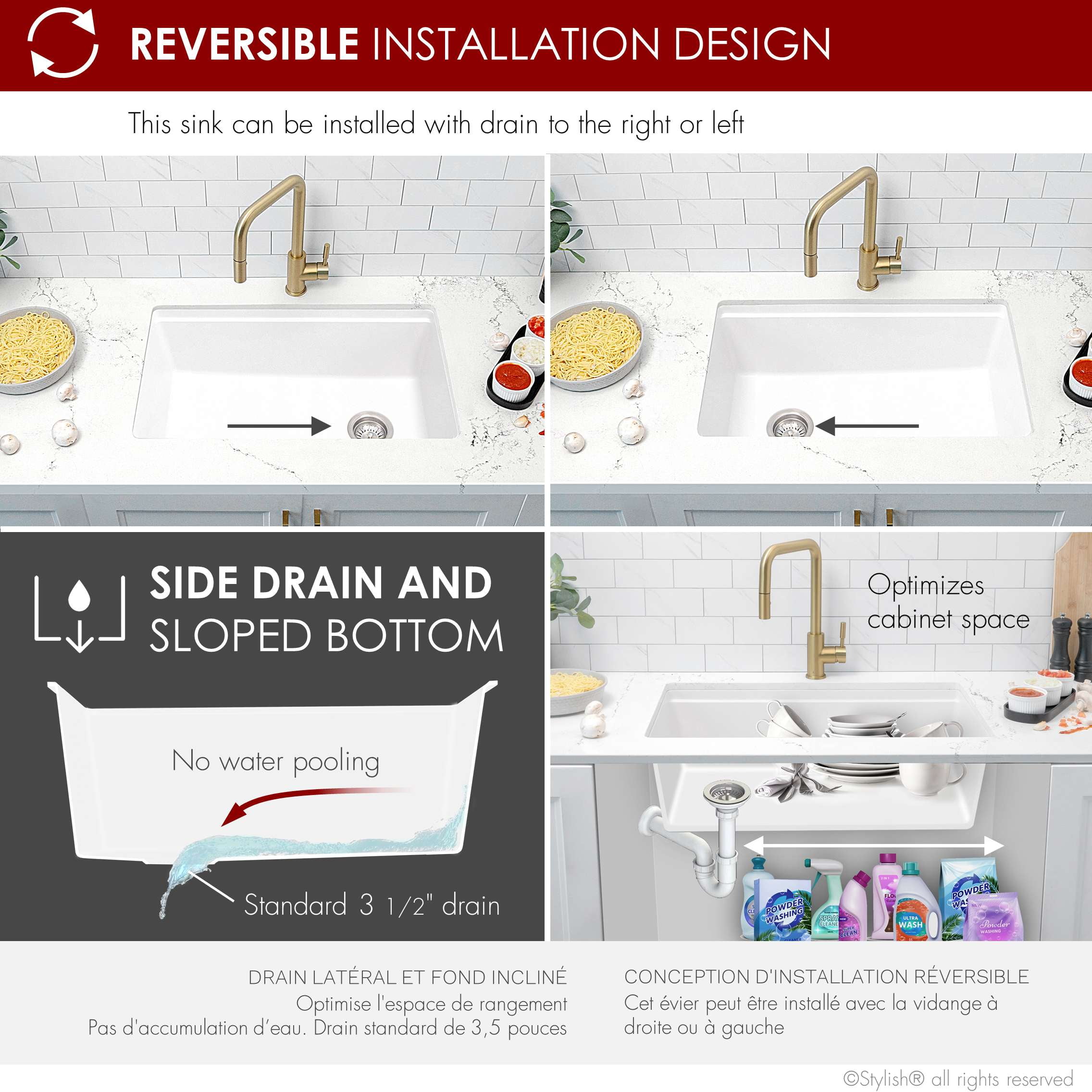 Stylish Dual Mount 28" White Composite Granite Single Bowl Kitchen Sink with 4 accs S-828WH