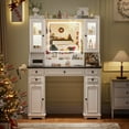 thumbnail image 6 of Farmhouse Makeup Vanity Desk with Mirror and Lights, Vanity Table with Glass Tabletop, Charging Station, 5 Drawers, Side Cabinet, Storage Shelves for Bedroom, White by TZUTOGETHER, 6 of 9