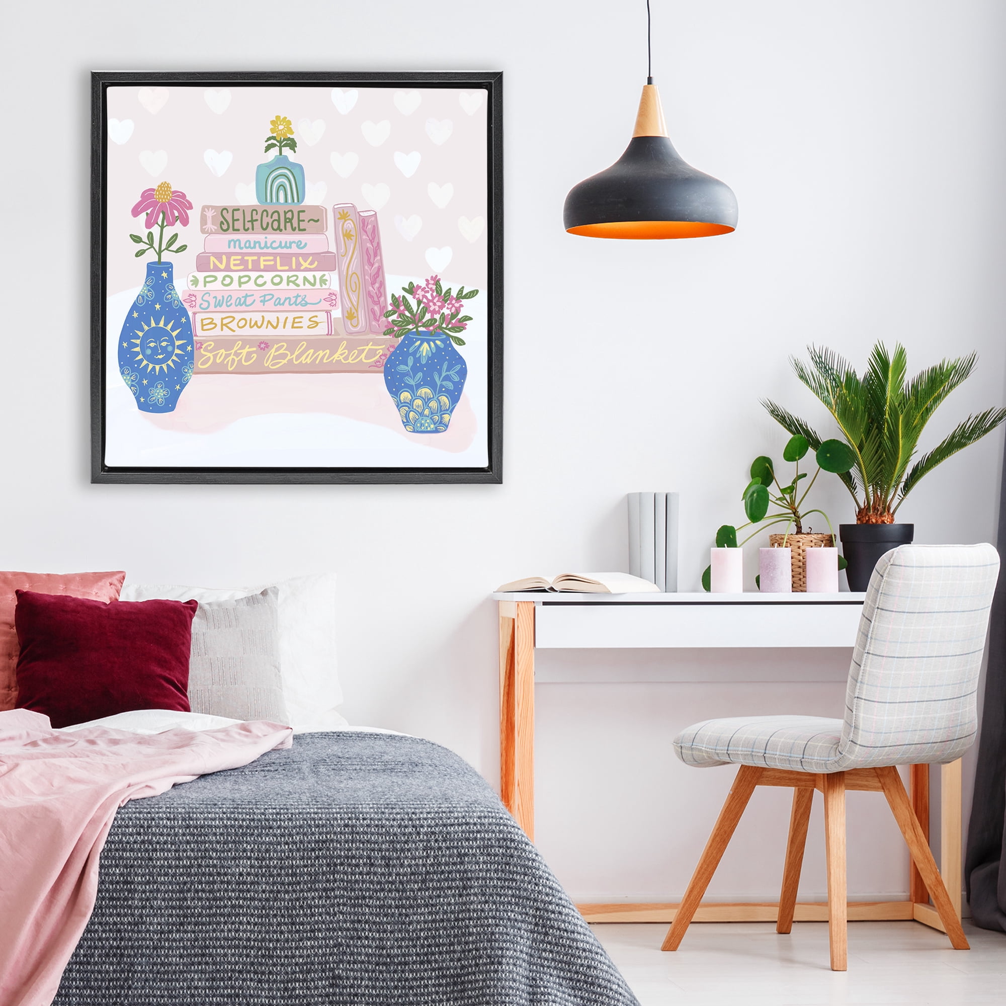 Stupell Industries Cozy Boho Self Care Books Black Framed Floater Canvas Wall Art, design by Connie Summers