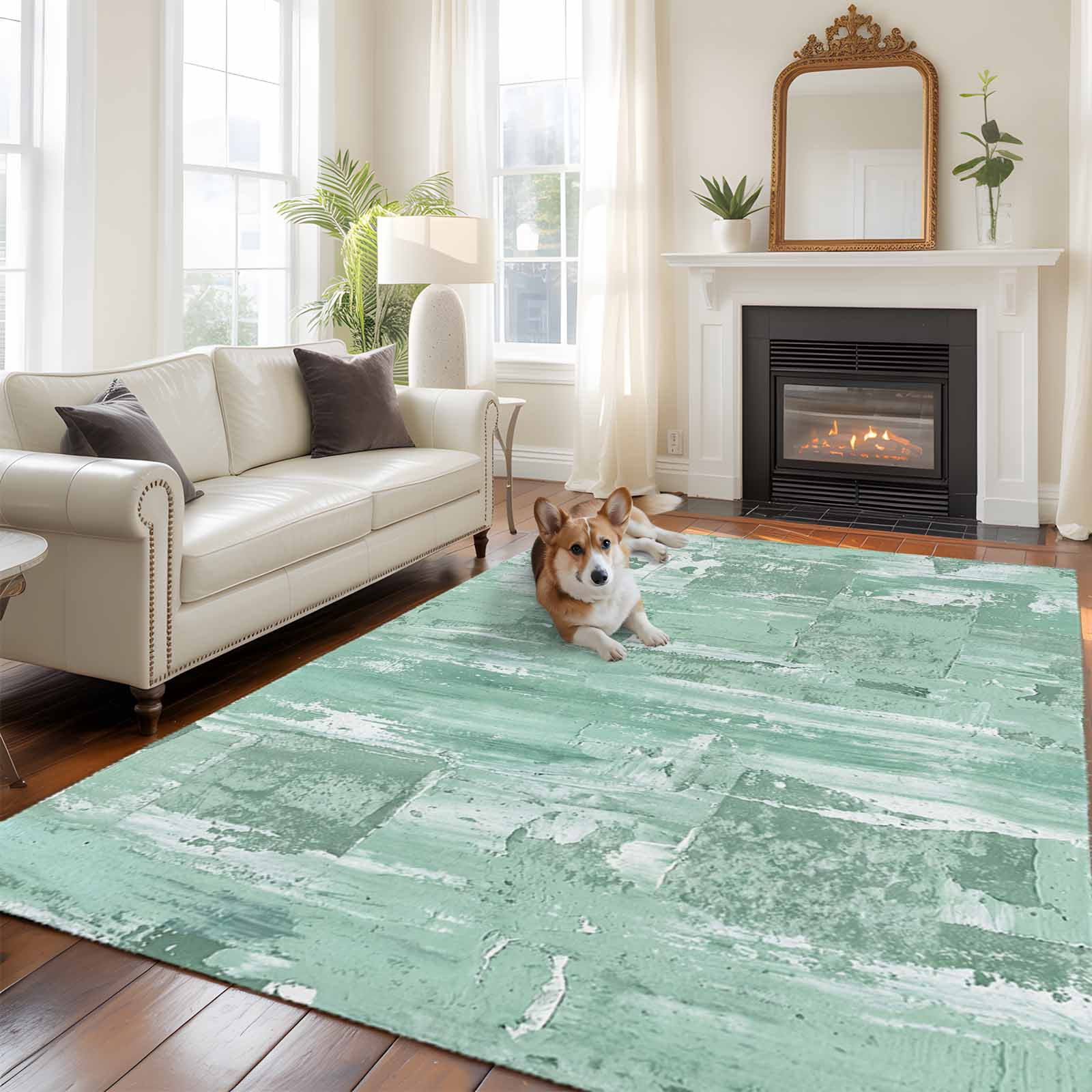 Large Area Rugs for Living Room Bedroom, Green Abstract 6'x9' Rug Washable Carpet Runner Indoor Outdoor, Vintage Geometric Gradient Oil Painting Modern Non Slip Floor Mats Rug for Kitchen, Playroom
