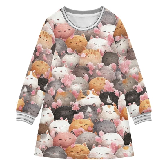 Girls' long-sleeved dress Cute and Funny Cat Girls' A-line dress with ribbed cuffs Soft and comfortable