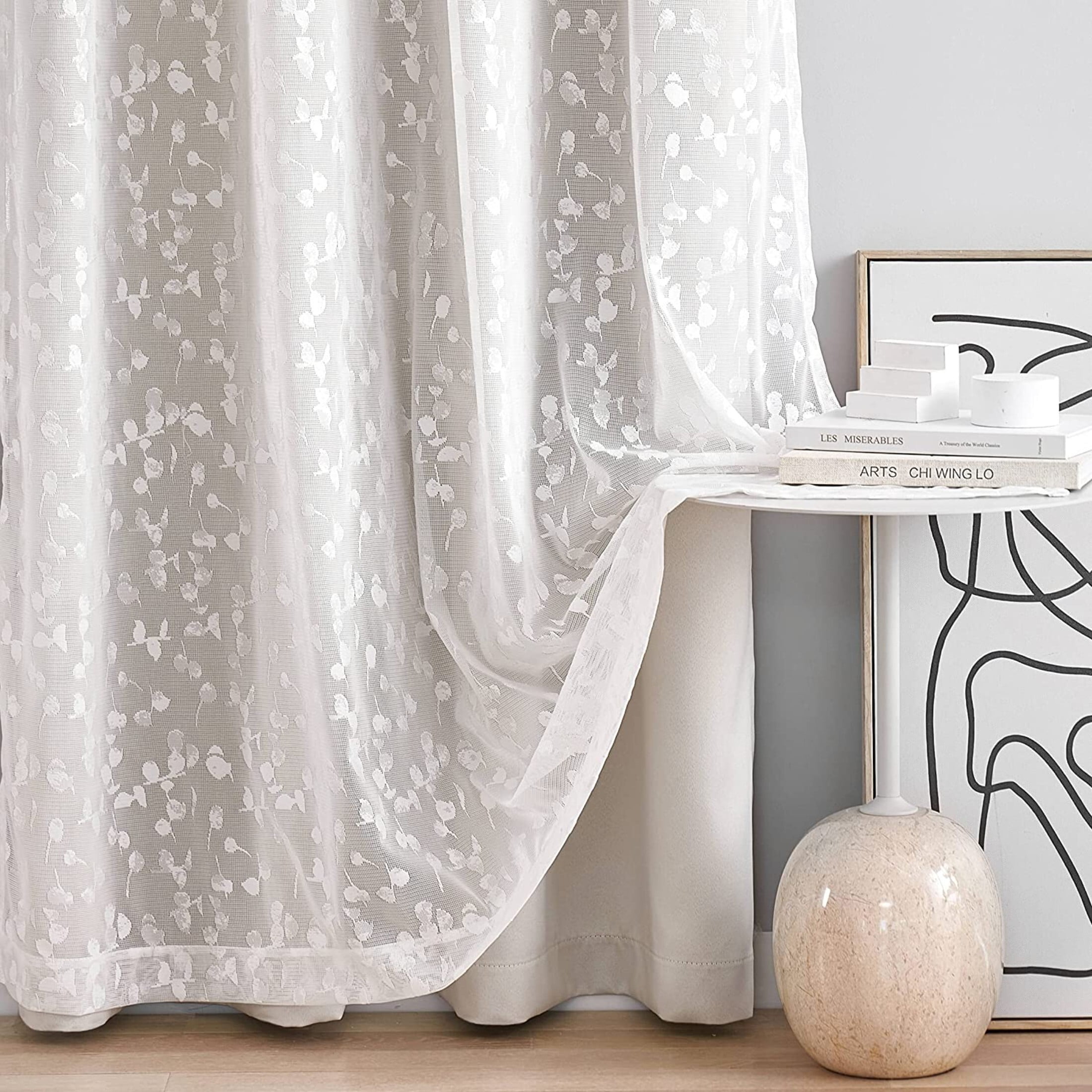 Flowpartex Beige White Mix Matched Full Blackout Curtains with Lace Leaf Sheer 4 Window Sheer Panels for Modern Bedroon Living Room Decor, 52" W x 95" L