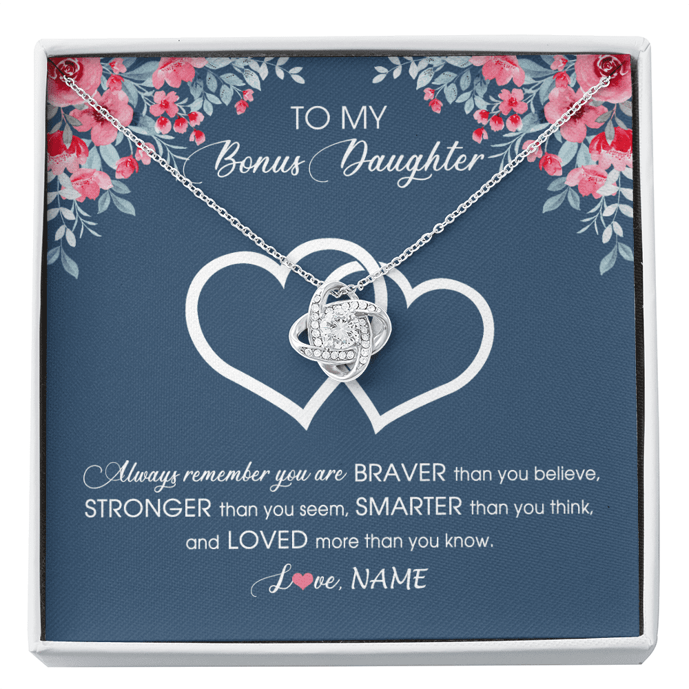 To My Bonus Daughter Necklace Braver Stronger Smarter Loved, White Love Knot Necklace
