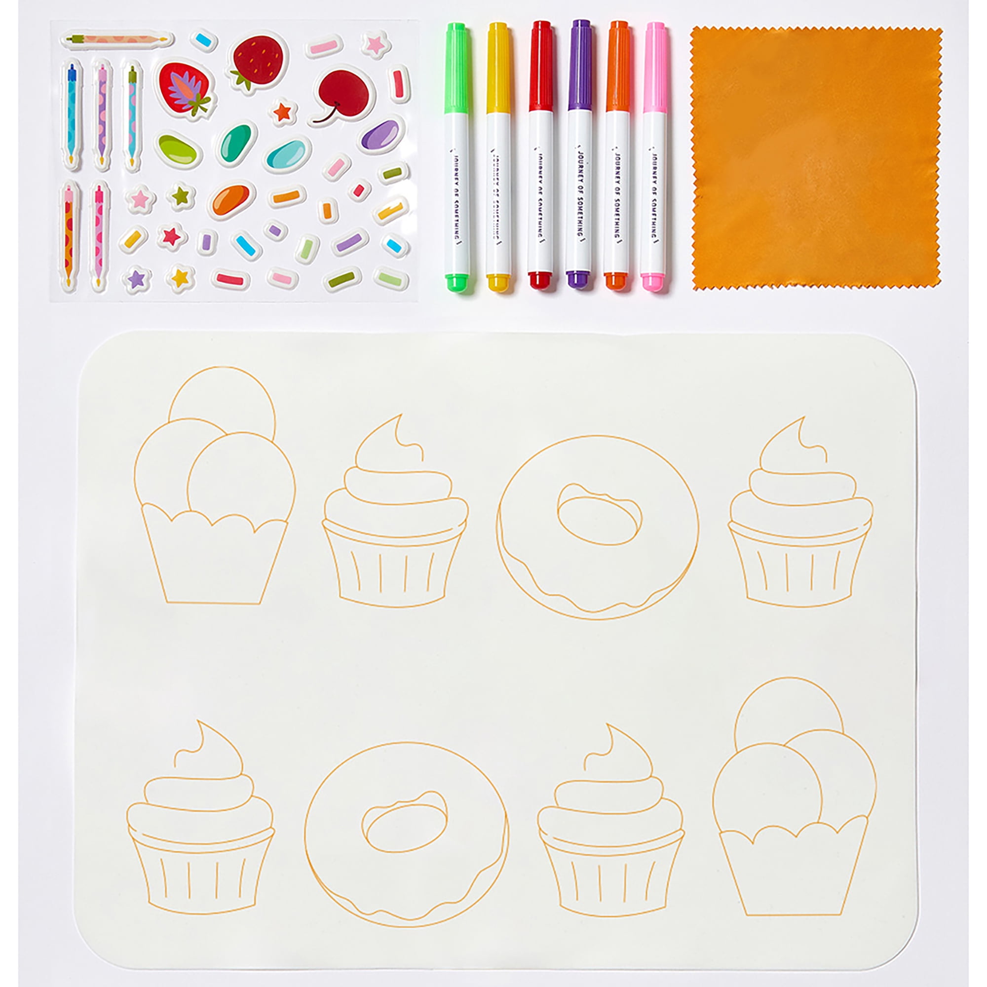 Journey of Something: Wipeable Silicone Mat - Sweet As - Reusable Coloring Kit, Mix & Match Dessert Decorating Stickers, Markers, Carry Pouch, Kids 4+