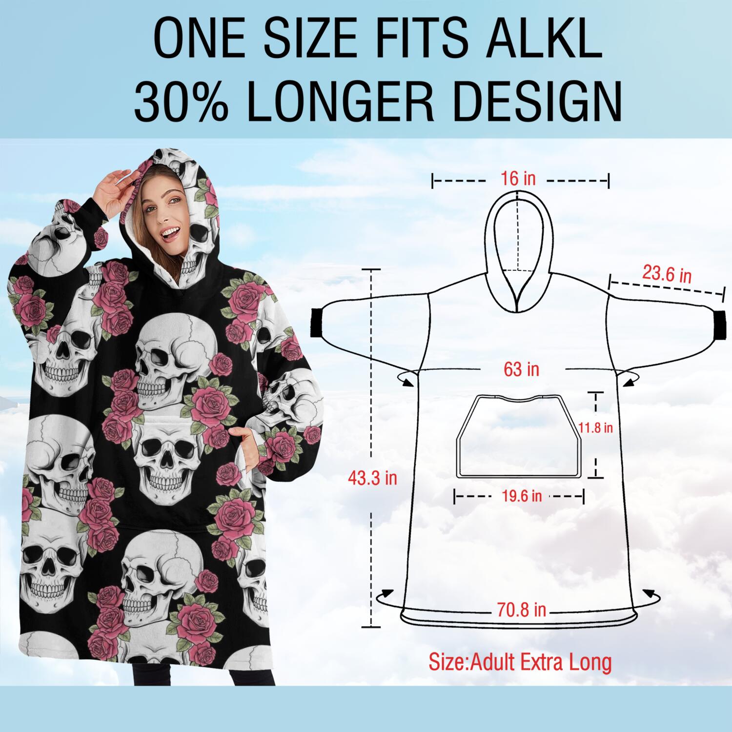 Oversized Wearable Blanket Hoodie,Black Skull Rose Pattern Sherpa Blanket Hoodie with Super Pockets,Super Warm Fuzzy Pullover for Women & Men