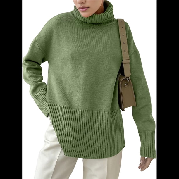 Suéter de Punto Holgado e Informal con Aberturas para Mujer, de Color Liso, con Cuello Alto, para Otoño e Invierno. Verde M