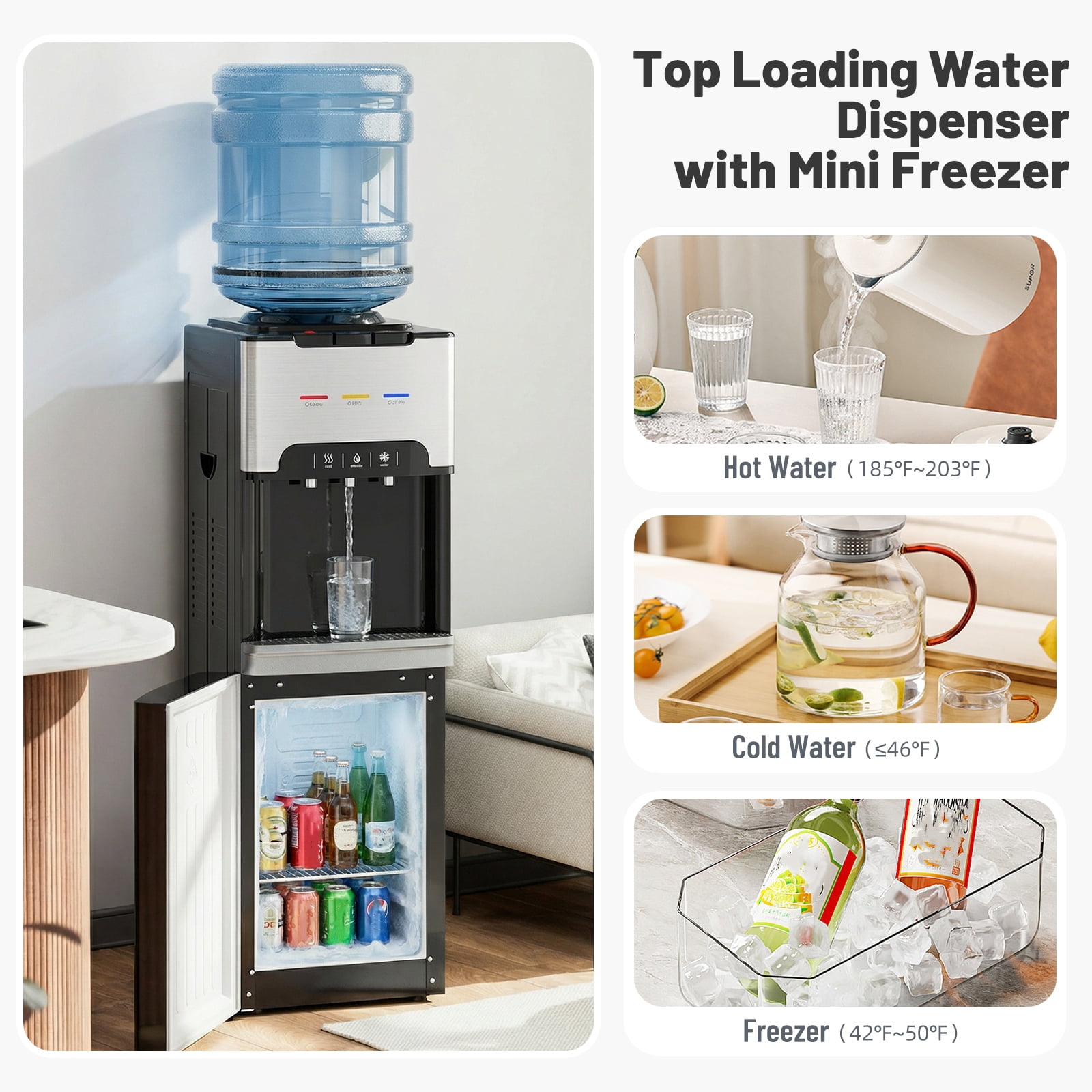 UMOMO 4-in-1 Water Cooler Dispenser with Freezer Cabinet, Hot & Cold & Room Temperature Top Loading Water Cooler for 3–5 Gallon Bottles, Child Safety Lock, Water Dispenser for Home, Office, Black