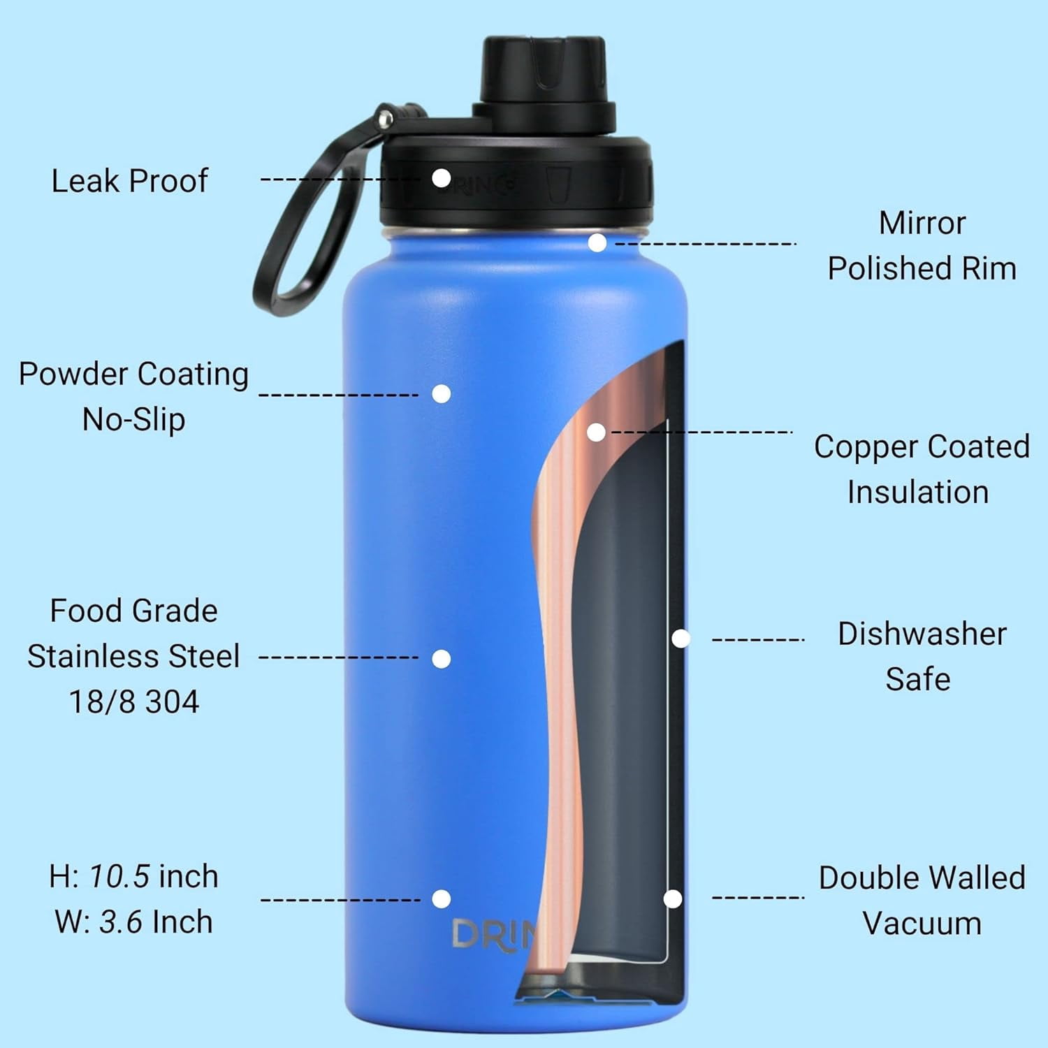 DRINCO Water Bottle Vacuum Insulated Stainless Steel Double Wall-USA Flag-32oz Royal Blue