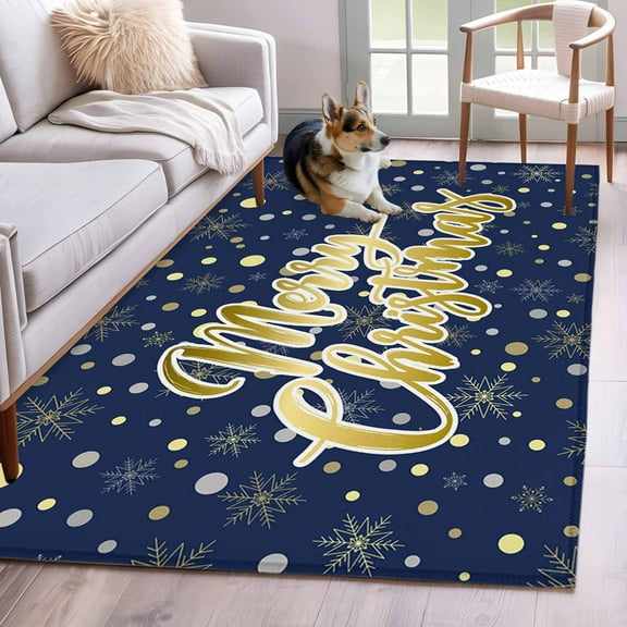 Merry Christmas Blue Area Rug 3x5 Washable Rug Non Slip Xmas Snowflakes Polka Dot New Year Large Area Rug Indoor Floor Carpet for Entryway Bedroom Kitchen Living Room Home Office Dining Room Nursery