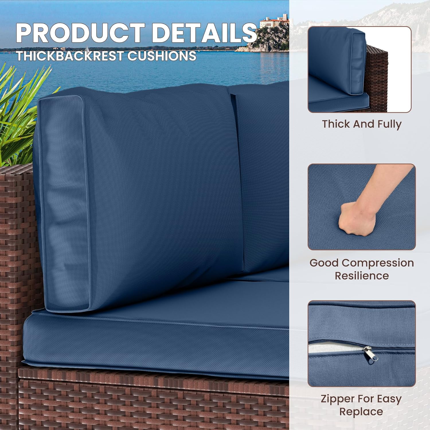 UDPATIO Outdoor Replacement Cushions for Patio Furniture, Waterproof Patio Cushions for 6-Seat Sectional Patio Conversation Sets, 14-Piece Outdoor Cushion Slipcovers Patio Sofa Cushions (Navy Blue)