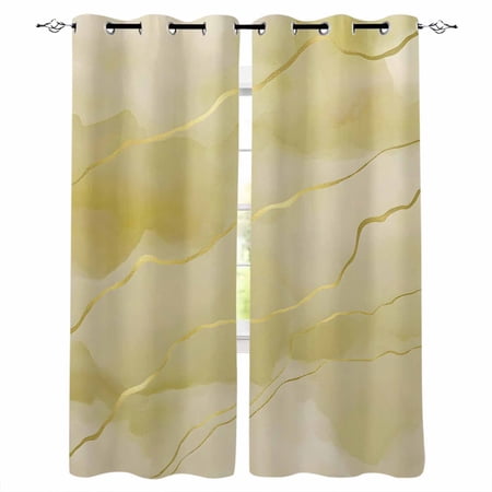 Yellow Marble Blackout Curtains for Bedroom Living Room Darkening Curtains 90 Inch Watercolor Golden Ink Painting Contemporary Black Out Window Curtain Privacy Insulated Grommet Drapes 52 x90 x2