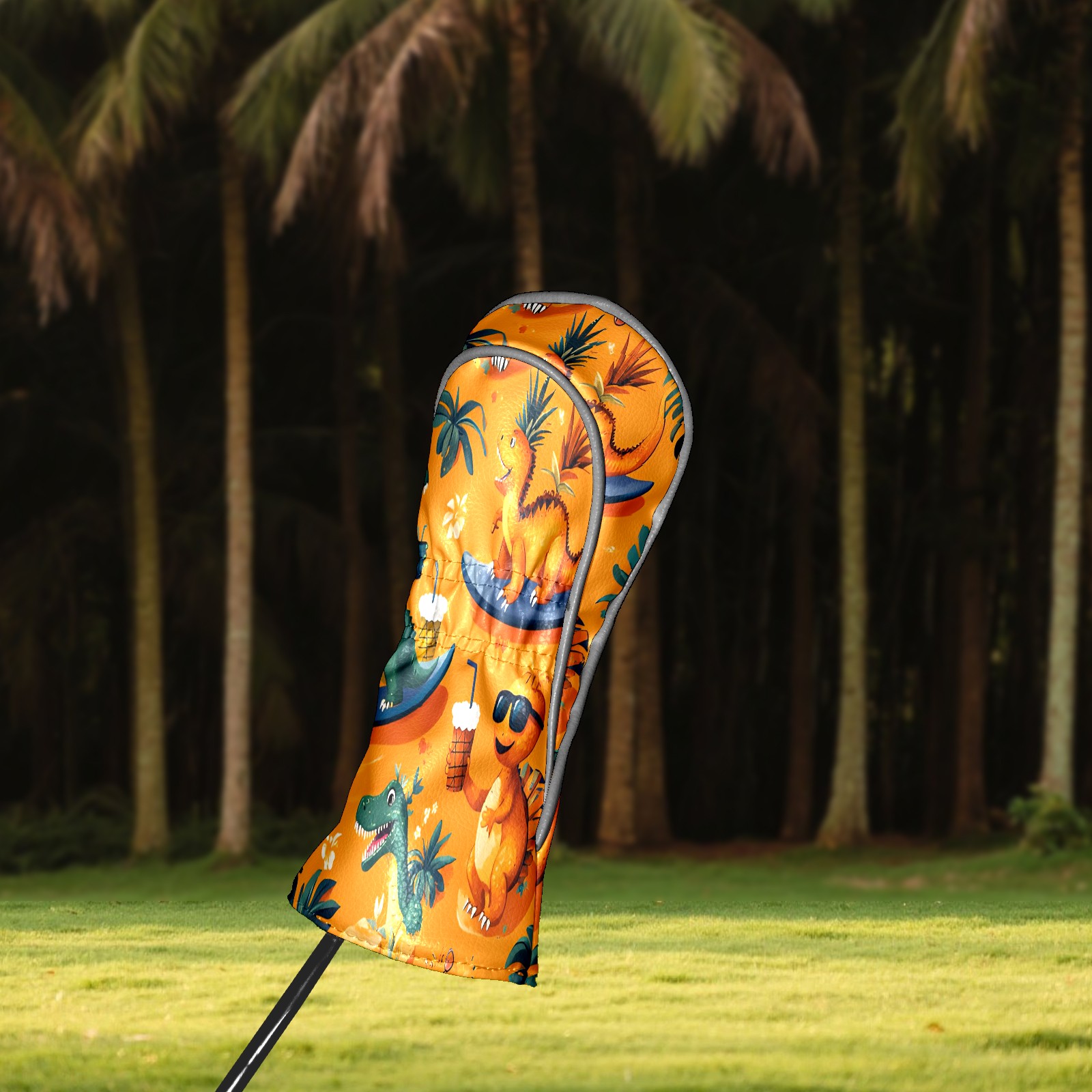 Golf Club Covers, Orange Dino Adventure Premium PU Leather Driver Hybrid Putter Head Covers with Velvet Lining, Waterproof Golf Gifts for Men Women