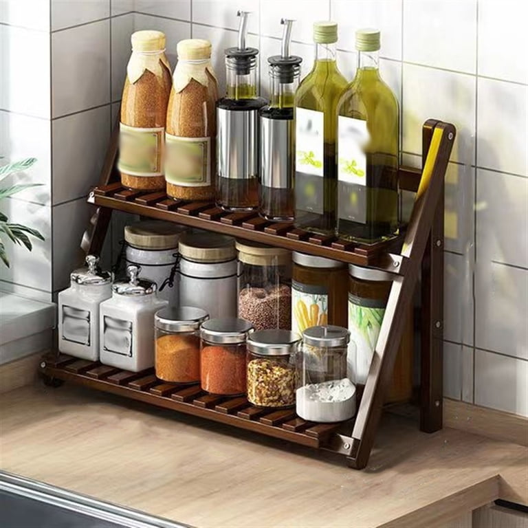 2-Tier Bamboo Spice Rack Foldable Desktop Storage Organizer - Walmart.com