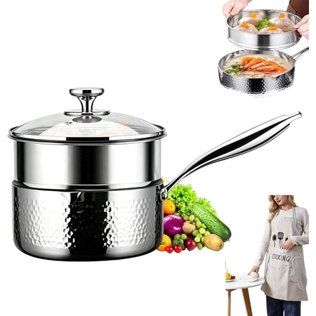 Pure Titanium Saucepan with Lid, Titanium Soup Pot Nonstick Saucepan with Lid, Dual-Pour Spouts Design, Fast & Even Heating, Titaniums Pans for Cooking with All Cooktops (7.1 in with Steamer)