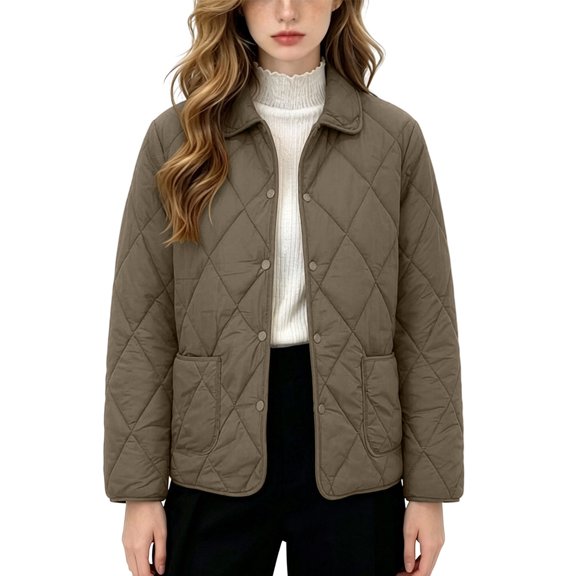 Women Jacket 2XL-5XL Quilted Barn Jackets Fall Winter Fashion Coats Causal Outerwear Button Down Solid Color Padded Coat Ladies Jacket Khaki XL
