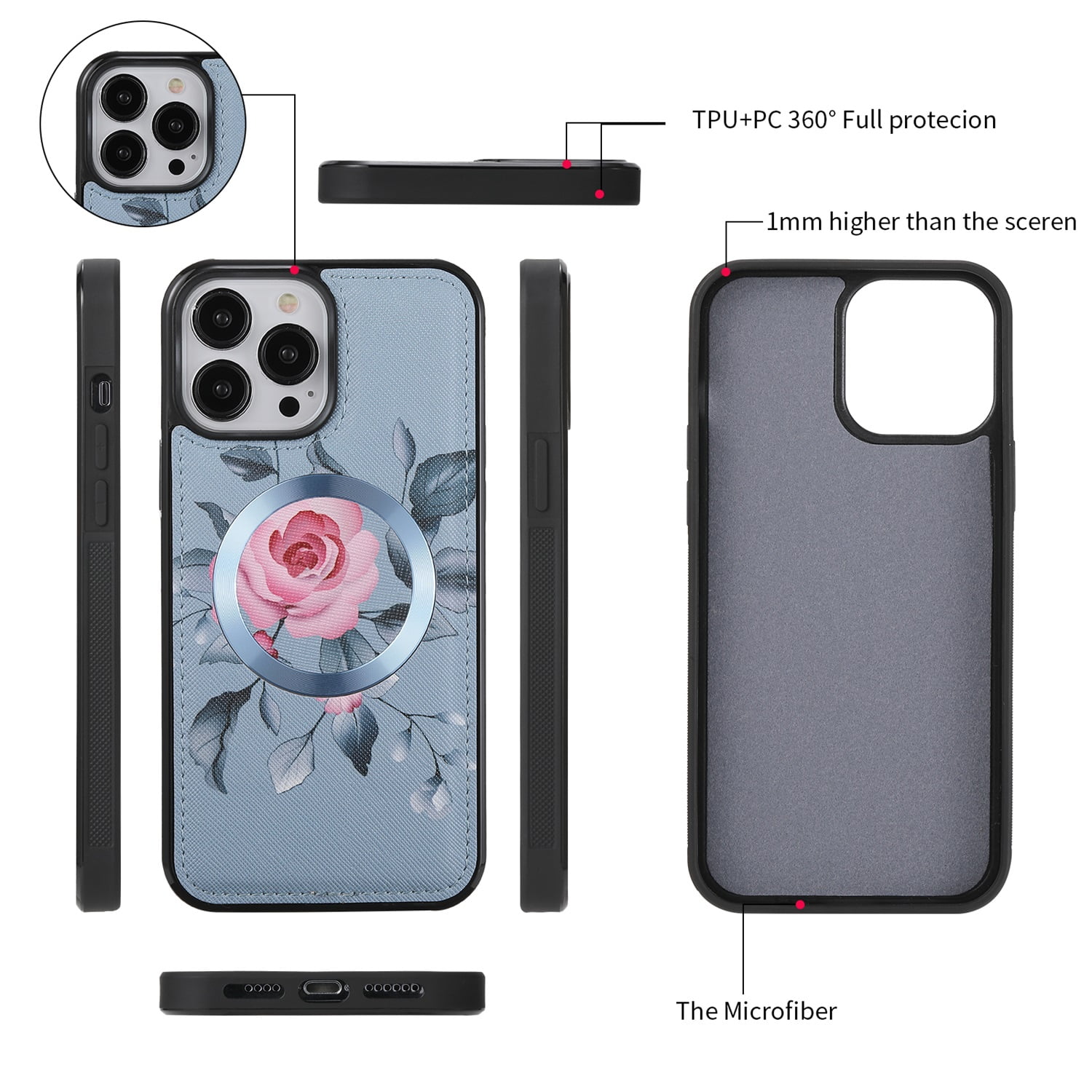 SaniMore Magnetic Detachable Wallet Case for iPhone 13 Pro Max, Flower Pattern RFID Blocking Cover Support Wireless Charging Card Slot Shoulder & Wrist Strap 360° Full Protective Shell, Grey