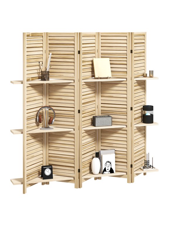 Wood Room Divider 67", 5 Panel Folding Privacy Screen, 3 Shelves, Paulownia Wood, Natural Finish, Home & Office Decor