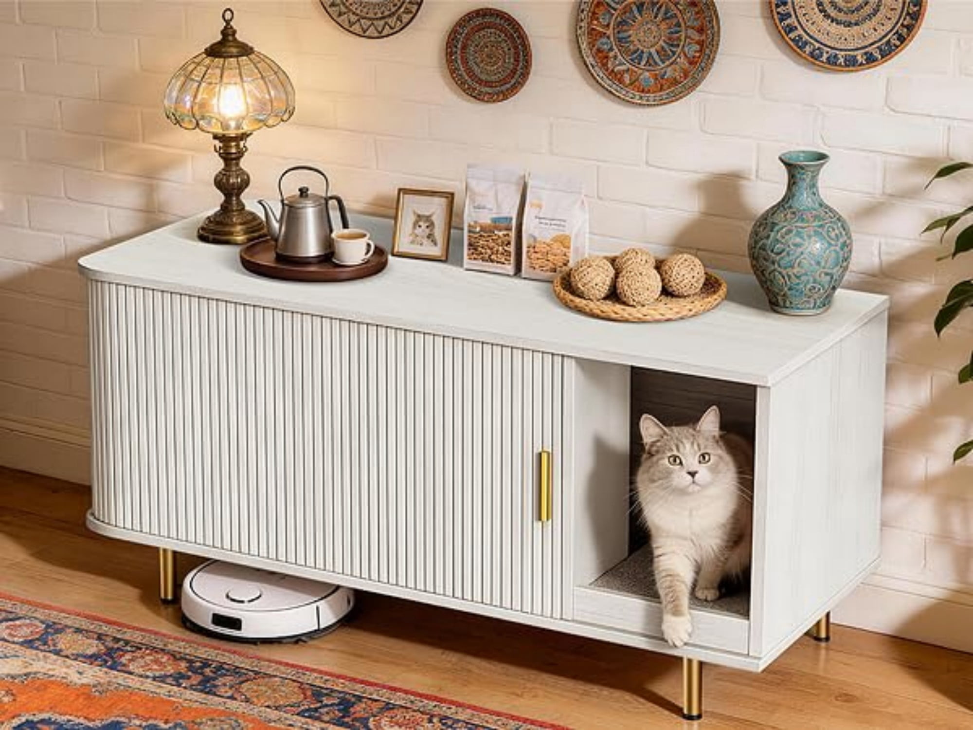 Cat Litter Box Enclosure Furniture with Sliding Door, Hidden Cat House Cabinet with Scratch Pad, Modern TV Stand Side Table, White