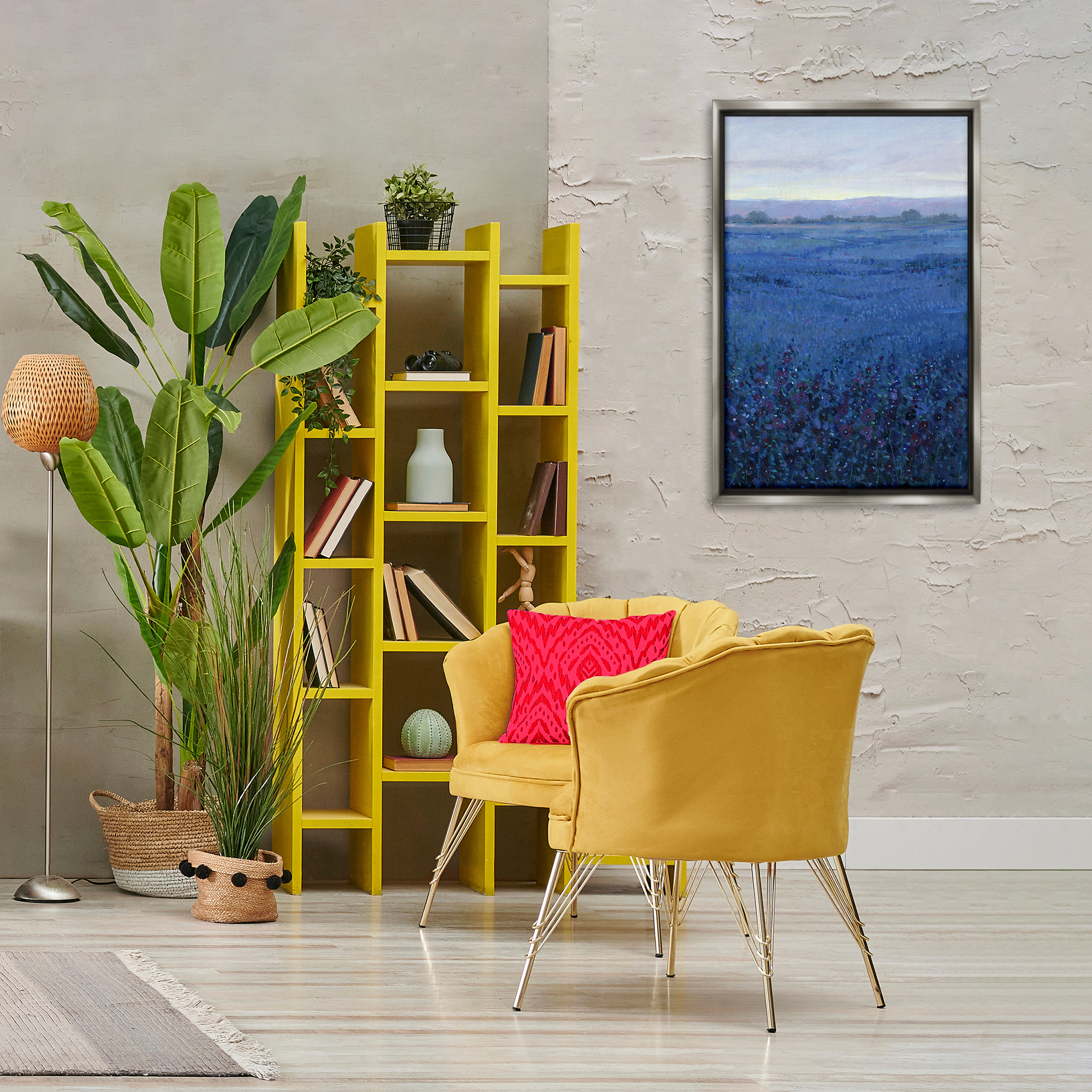 Stupell Industries Blue Country Fields Landscape Painting Gray Floater Framed Art Print Wall Art, 21 x 31