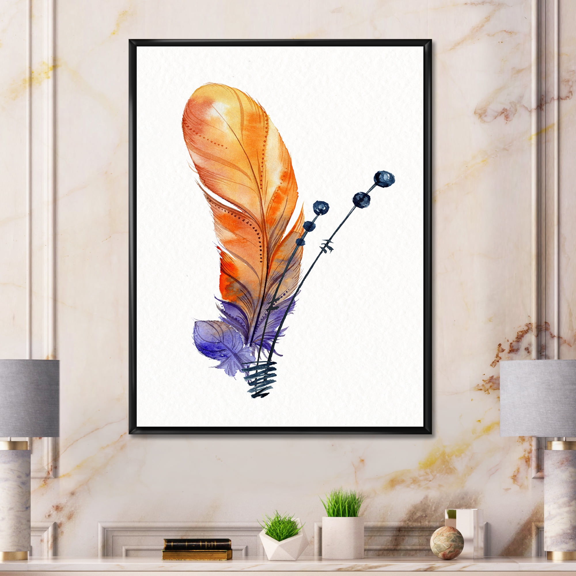 Ethnic Orange Animal Feather Composition 16 in x 32 in Framed Painting Canvas Art Print, by Designart
